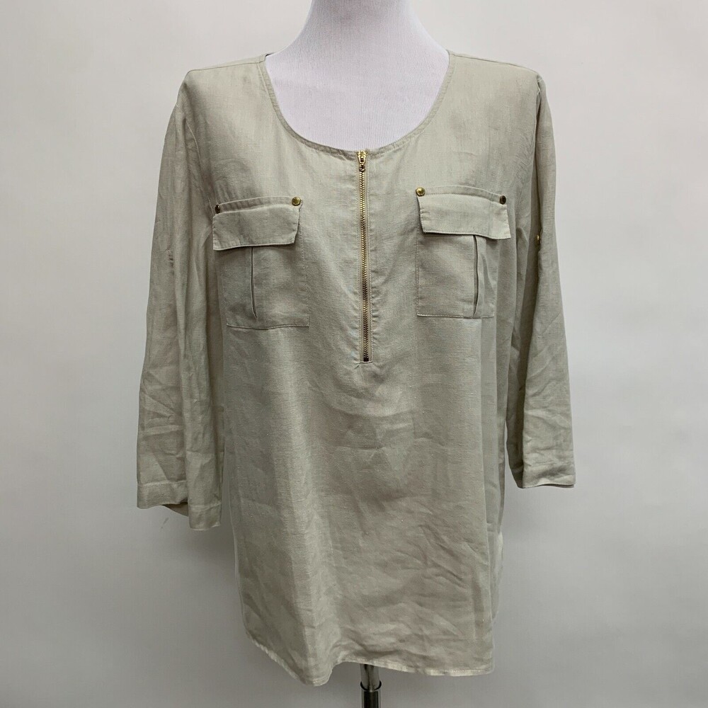 Ellen Tracy Top Women's Large Beige Khaki‎ 100% Linen